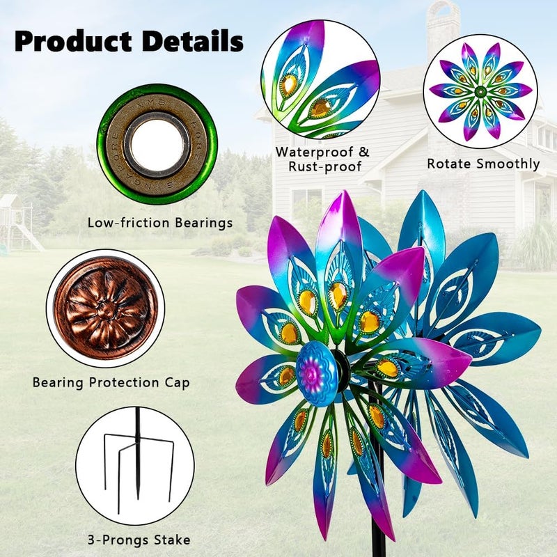 VEWOSTAR Metal Wind Spinner,13” Wind Spinners Outdoor,Peacock Windmill with Stake,Kinetic Wind Spinners for Yard and Garden,Multi-Color Pinwheels Yard Wind Sculptures,Waterproof Spinner for Patio Lawn - Image 5